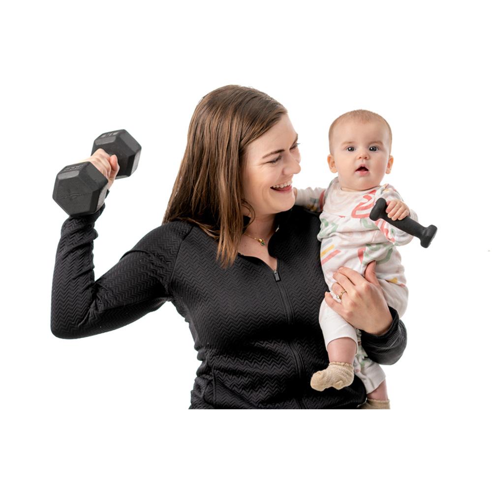 woman with baby and weights